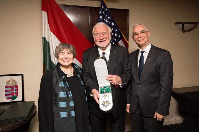 Professor Mihaly Csikszentmihalyi (center) with his wife Isabella and Zoltan Balog Hungary's Minister of Human Capacities.