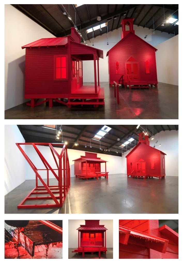 Artwork by Rachel Lachowicz, installation of red building structures