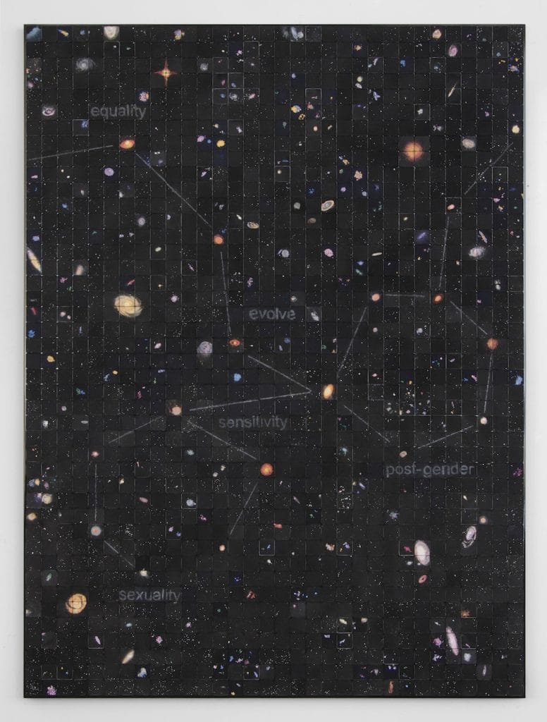 Artwork by Rachel Lachowicz, image of a solar system with a constellation that connects the words equality, evolve, post-gender, sensitivity, and sexuality