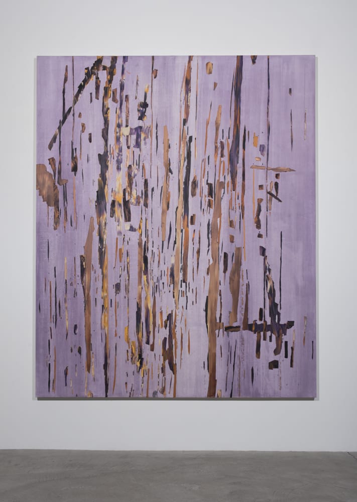 Artwork by David Amico, mostly purple with browns peaking through slashes