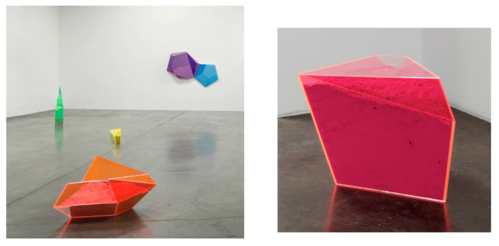 Artwork by Rachel Lachowicz, brightly colored geometric shapes in an installation room