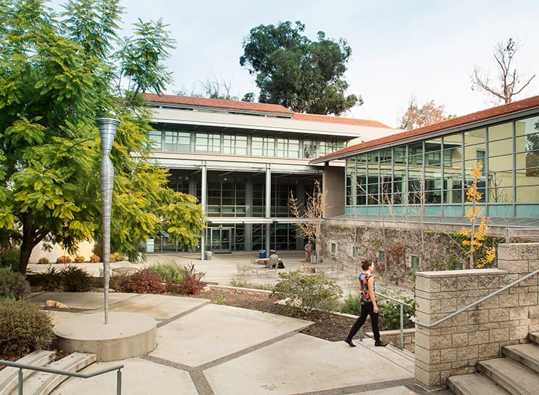 exterior of Burkle from stairs descending into Jenkins courtyard