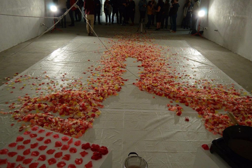 student artwork by Maya Luque entitled Not You Not Me. White floor draping with rose petals scattered.