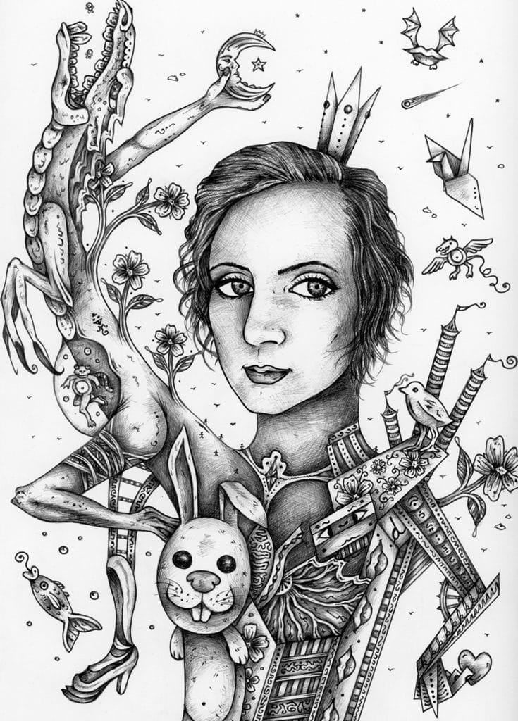 Dakota Noot student art work entitled Kristy. Pen drawing of a female creature.