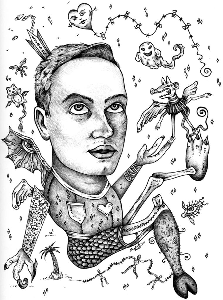 Dakota Noot student art work entitled Dakota. a pen drawing of himself as a mythical creature.
