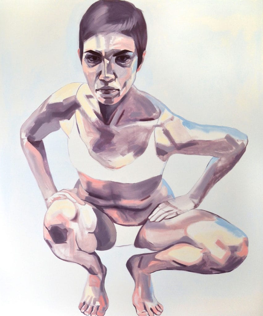 Jennifer King student art work, entitled Centered, oil on canvas, a woman crouching down
