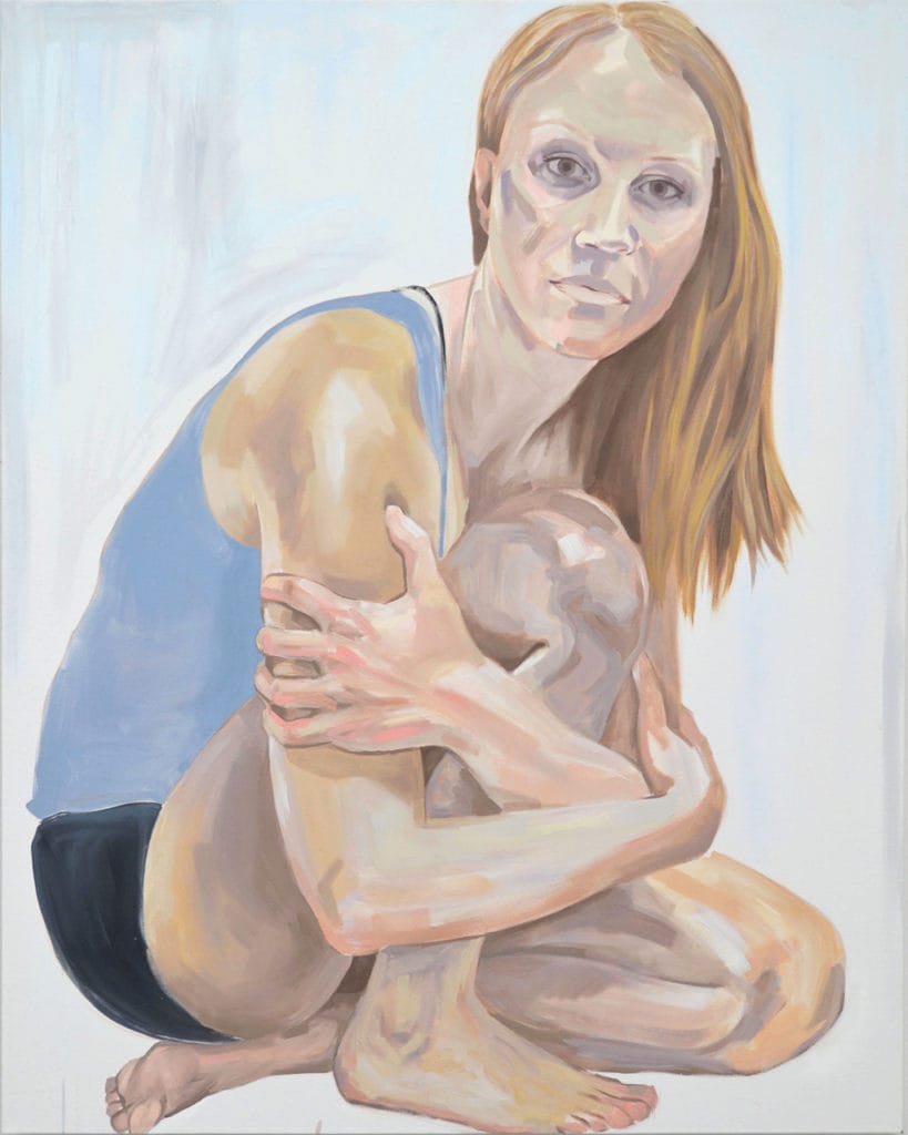 Jennifer King Student art Seeing you Seeing Me Seeing you, oil on canvas of woman grasping her knees