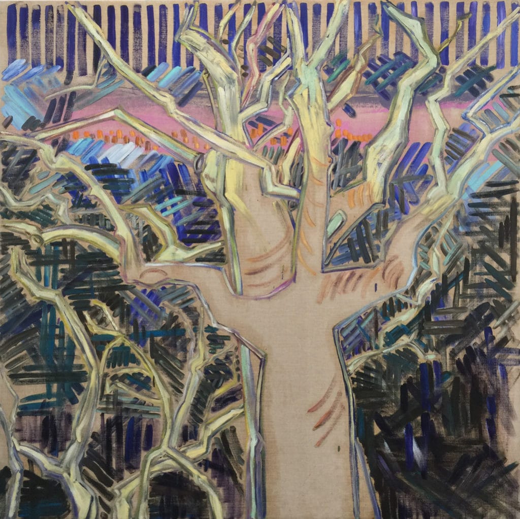 Student artwork by Laura Myntti, a painting that resembles a tree with a distinct lines as the background