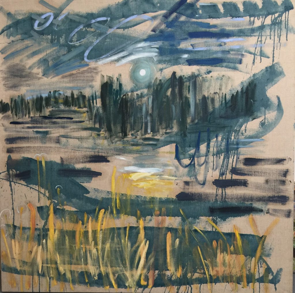Student artwork by Laura Myntti, painting with grays and blues and yellow
