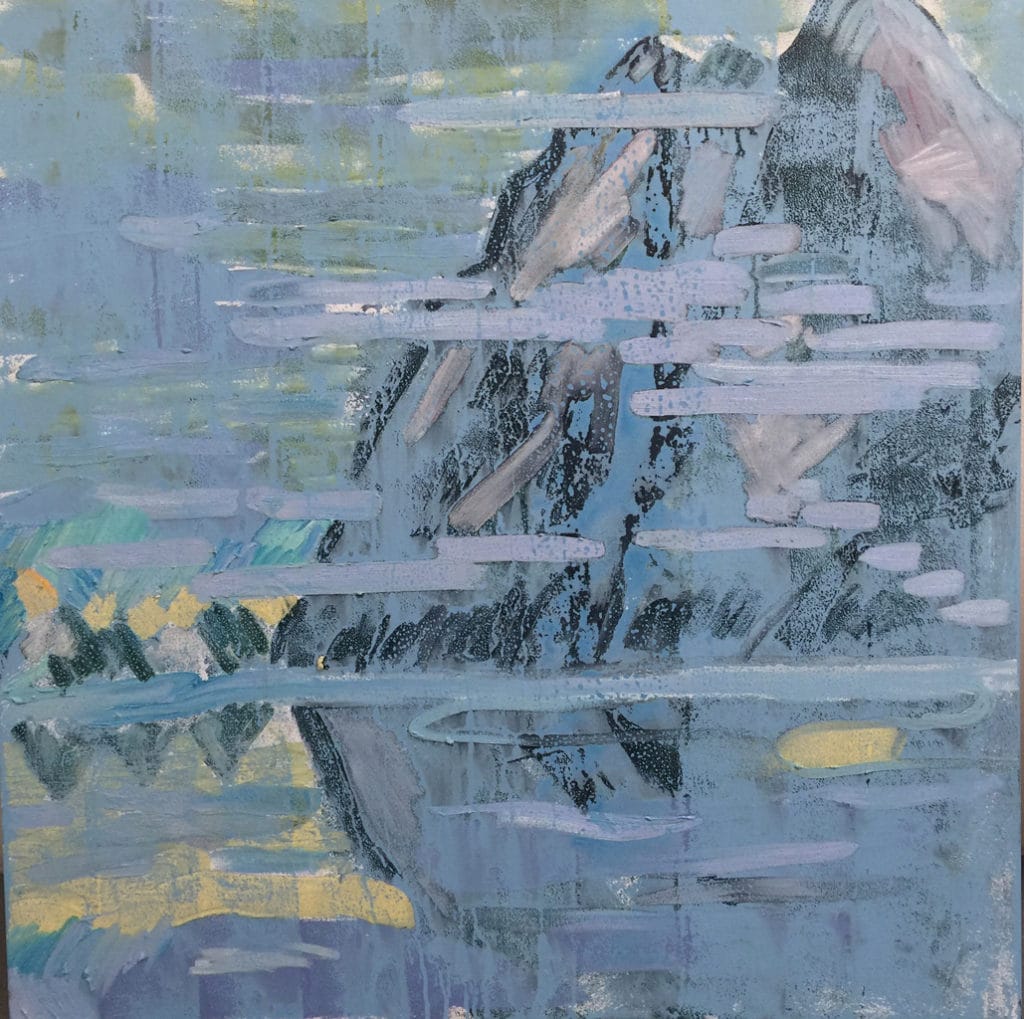 Student artwork by Laura Myntti, painting of a mountain with soft pastel colors