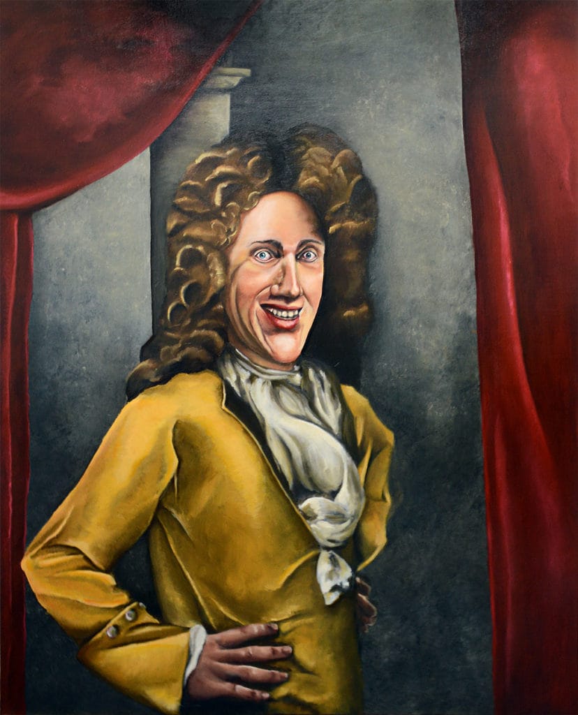 Student artwork by Rachel Carson, a painting of a caricature in historical clothing