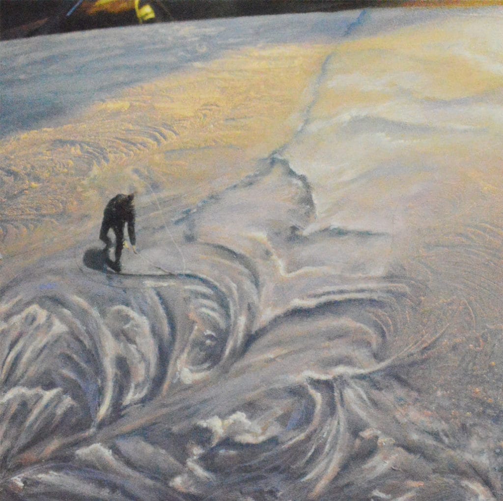 Student artwork by Rachel Carson, painting of a person walking among snow or fog