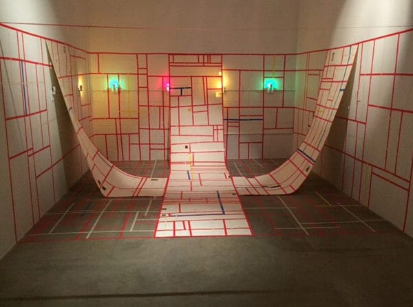 Student artwork by Adrienne Cole, a large room installation with different rectangle shapes outlined