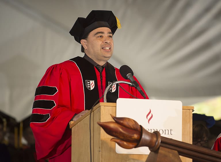 Photo of alumnus Andrew Dorantes giving Commencement address
