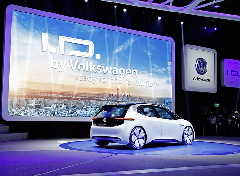 Photograph of Volkswagen's recently unveiled concept car, the first in a new generation of electric vehicles (EVs) the automaker plans to launch in 2020. (Photo courtesy of Volkswagen.)