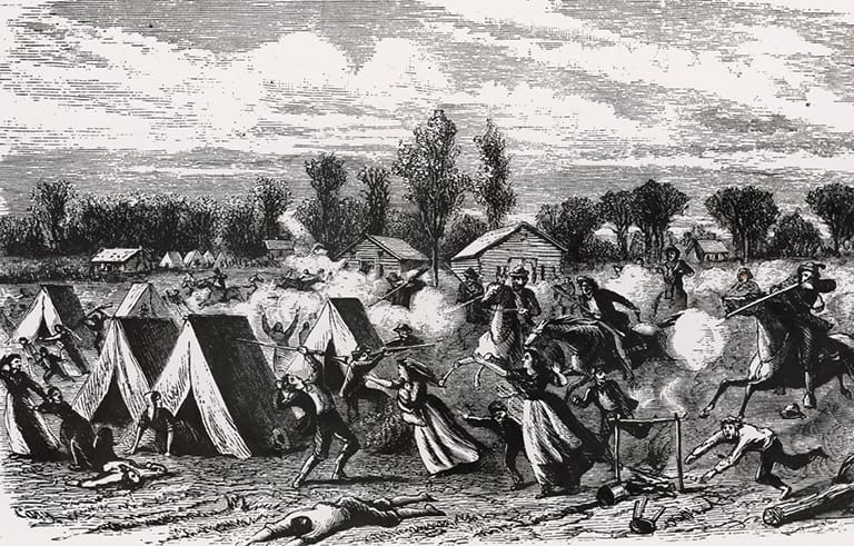 Image of a Mormon settlement in Missouri being attacked by a mob in 1838.