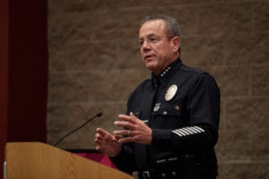 LAPD Chief Michel Moore delivers keynote remarks at this year's graduation ceremony.