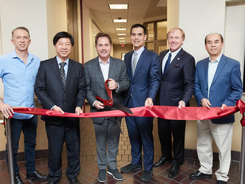 CELEBRATING THE FUTURE: Ribbon-cutting for the university's new Advanced Learning Environment with (from left) ViewSonic's Craig Scott, James Chu, CGU President Len Jessup, Acer's Maverick Shih, CGU Trustee Chair Tim Kirley, and CGU Trustee Wen Chang.
