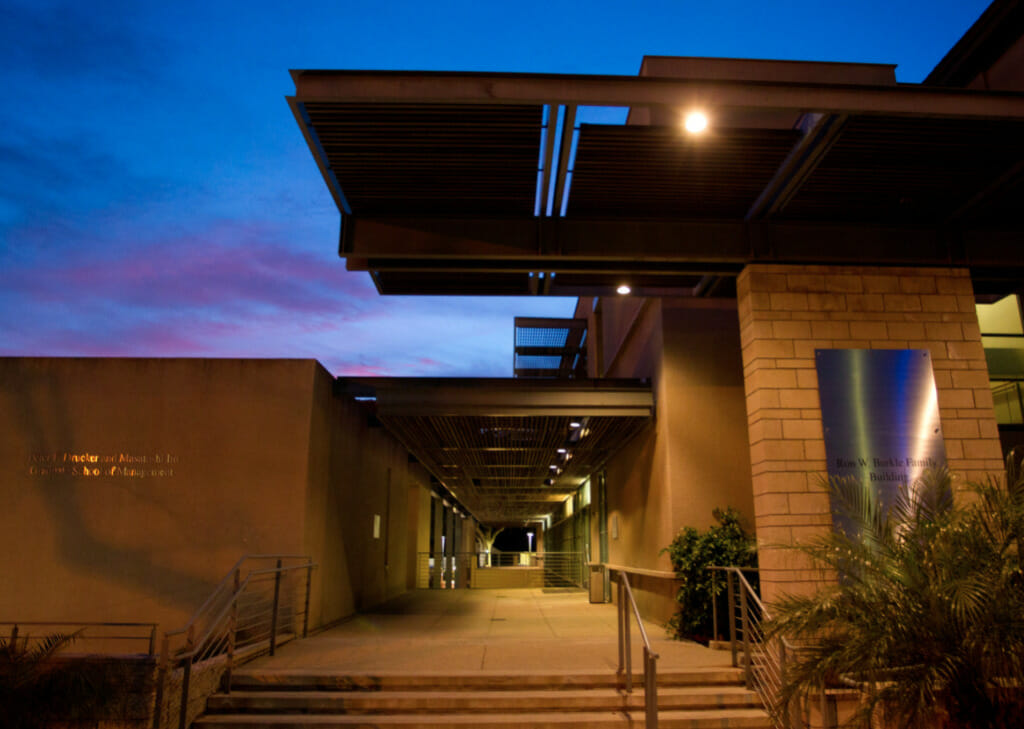 Drucker School exterior photo in the evening