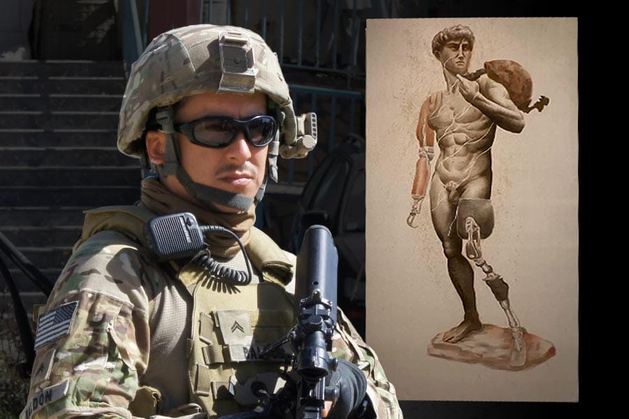 Aaron Baldon in a uniform next to his artwork 'The Returned Warrior ' (a statue of Michelangelo's David with prosthetic limbs.