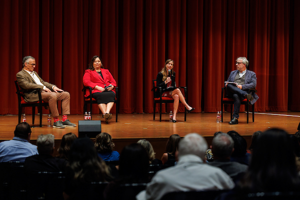 Michael Roth, President of Wesleyan University, Michelle Bligh, President of Claremont Graduate University, and Cynthia Olivo, President of Fullerton College answer questions in a panel moderated by Joshua Goode, CGU Professor of Cultural Studies and Chair of the History Department.