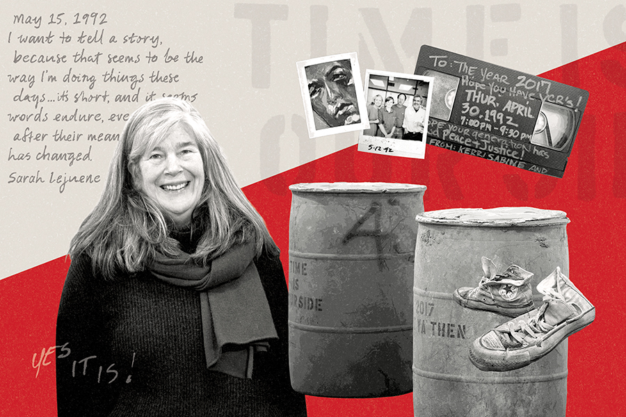 a stylized compositite image of sara Lejeune and artifacts from the time capsule opening