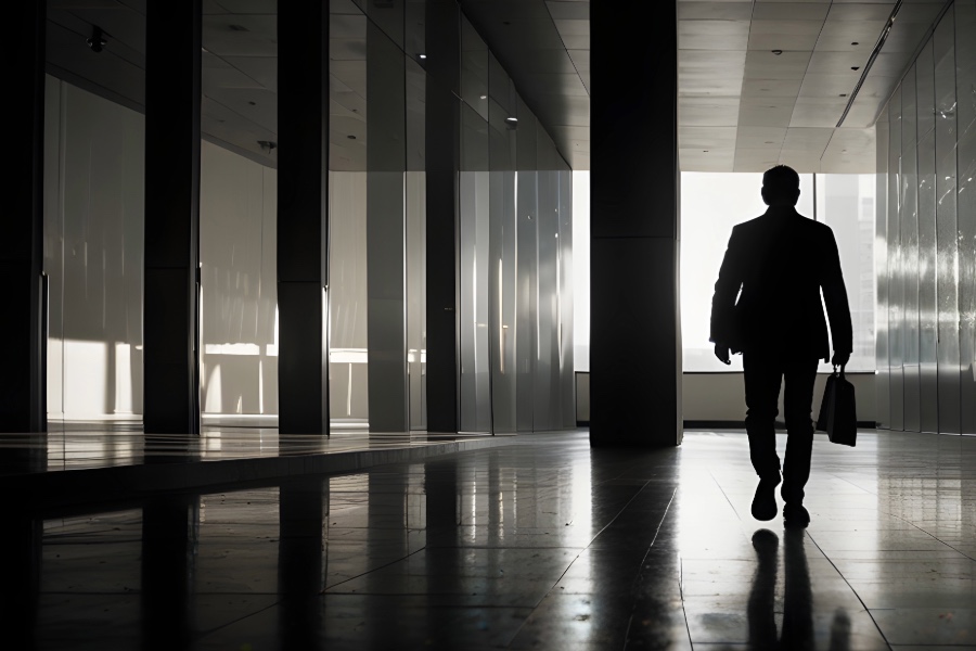 Man walking down dark hallway - Layoff Economy