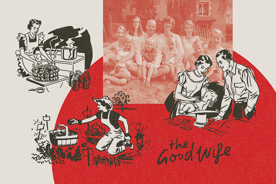 A collage of images featuring women in domestic roles on a red and white background