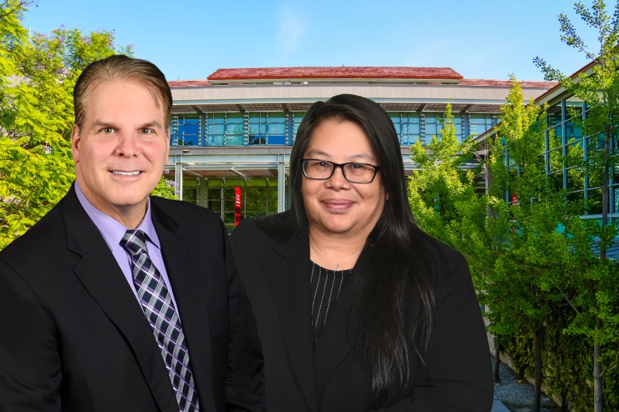 Michael Mirabella and Gigi Audoma, Drucker School Directors of Recruitment, in front of the Claremont Graduate University campus
